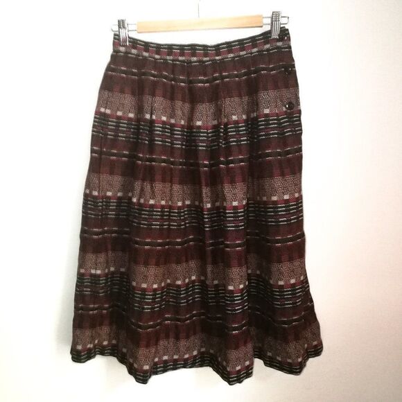 Vintage JAEGER Stripes Red & Black Pleated Wool Midi Skirt Size Medium - Picture 2 of 12